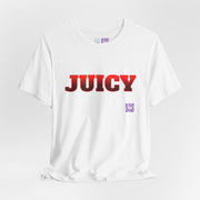 Juicy Graphic T-Shirt, Fun Bold Statement Tee, Eye-Catching Red Text Shirt, Trendy Summer Top