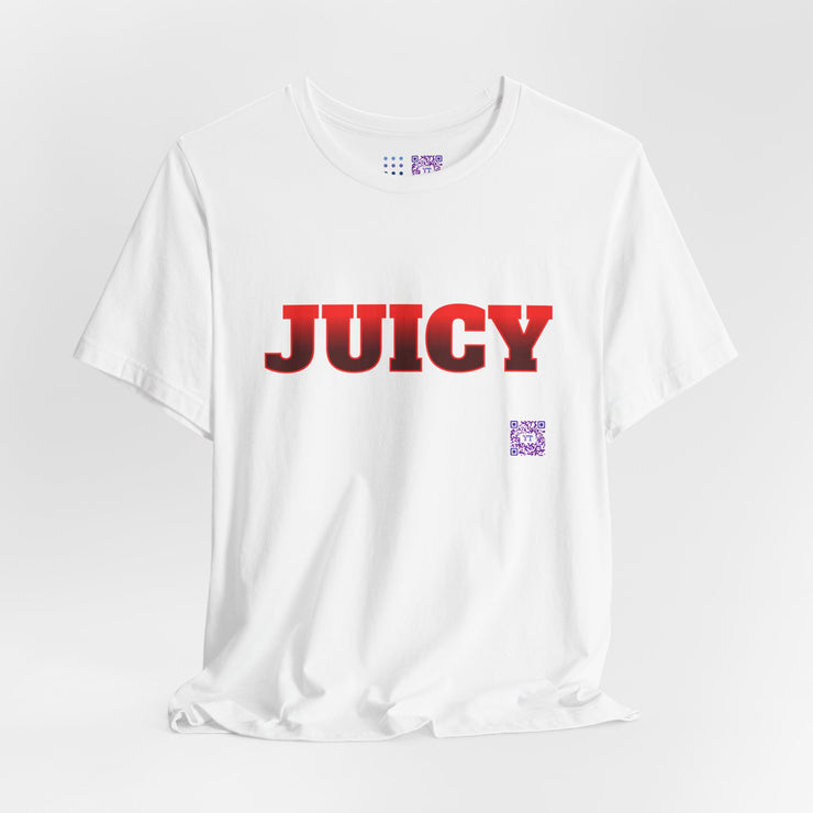 Juicy Graphic T-Shirt, Fun Bold Statement Tee, Eye-Catching Red Text Shirt, Trendy Summer Top