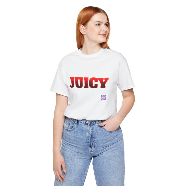 Juicy Graphic T-Shirt, Fun Bold Statement Tee, Eye-Catching Red Text Shirt, Trendy Summer Top