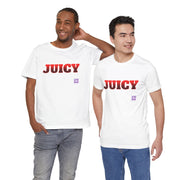 Juicy Graphic T-Shirt, Fun Bold Statement Tee, Eye-Catching Red Text Shirt, Trendy Summer Top