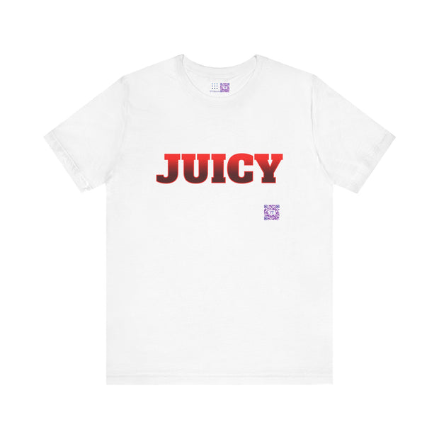 Juicy Graphic T-Shirt, Fun Bold Statement Tee, Eye-Catching Red Text Shirt, Trendy Summer Top