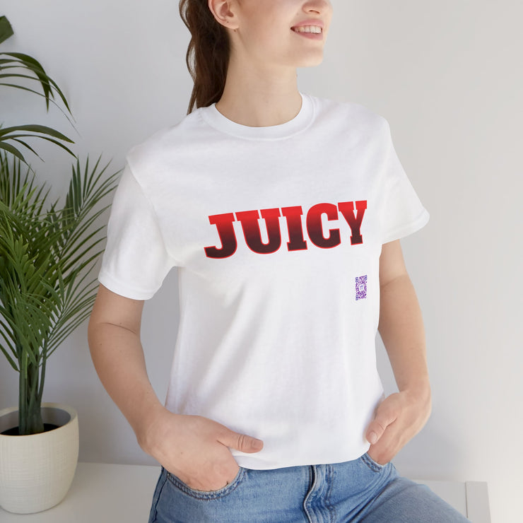 Juicy Graphic T-Shirt, Fun Bold Statement Tee, Eye-Catching Red Text Shirt, Trendy Summer Top