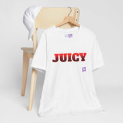 Juicy Graphic T-Shirt, Fun Bold Statement Tee, Eye-Catching Red Text Shirt, Trendy Summer Top