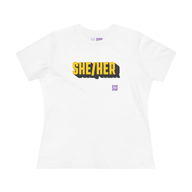 SHE HER Pronoun T-Shirt, Bold Text Graphic Tee, Unisex Casual Top, Inclusive Gender Identity Shirt