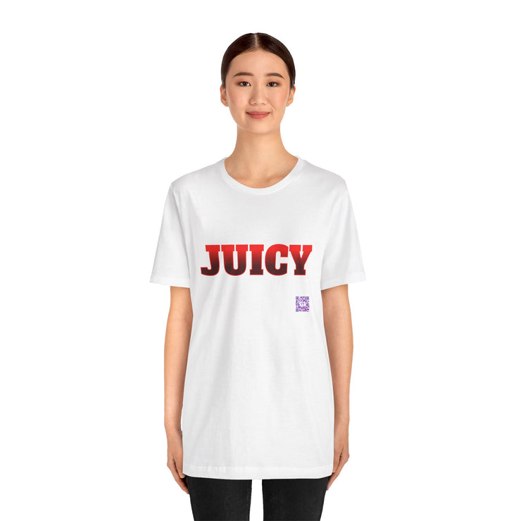 Juicy Graphic T-Shirt, Fun Bold Statement Tee, Eye-Catching Red Text Shirt, Trendy Summer Top