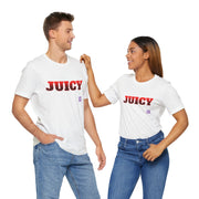 Juicy Graphic T-Shirt, Fun Bold Statement Tee, Eye-Catching Red Text Shirt, Trendy Summer Top