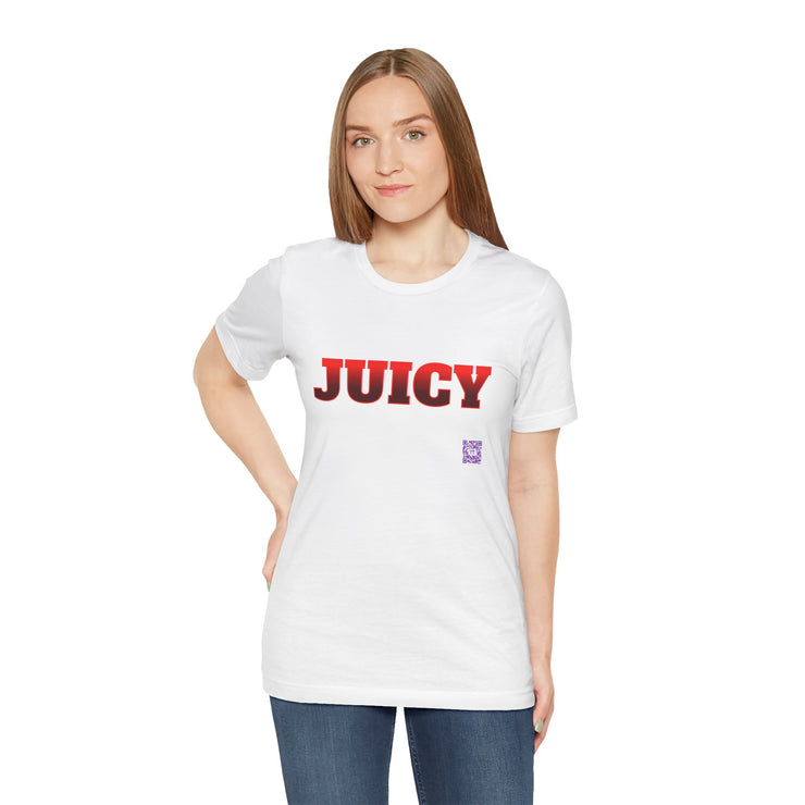 Juicy Graphic T-Shirt, Fun Bold Statement Tee, Eye-Catching Red Text Shirt, Trendy Summer Top