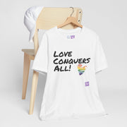 Love Conquers All T-Shirt LGBTQ Pride Tee Inspirational Rainbow Heart Shirt Graphic Print Equality Outfit