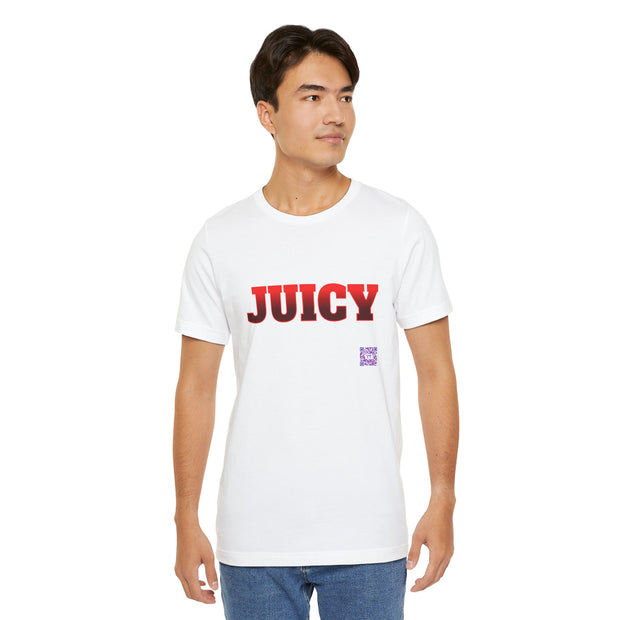 Juicy Graphic T-Shirt, Fun Bold Statement Tee, Eye-Catching Red Text Shirt, Trendy Summer Top