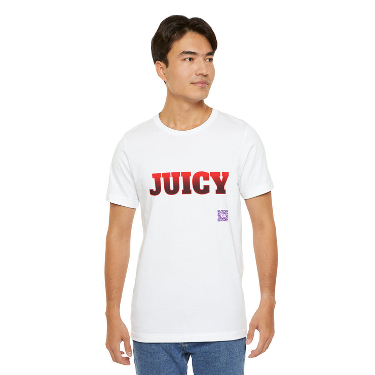 Juicy Graphic T-Shirt, Fun Bold Statement Tee, Eye-Catching Red Text Shirt, Trendy Summer Top