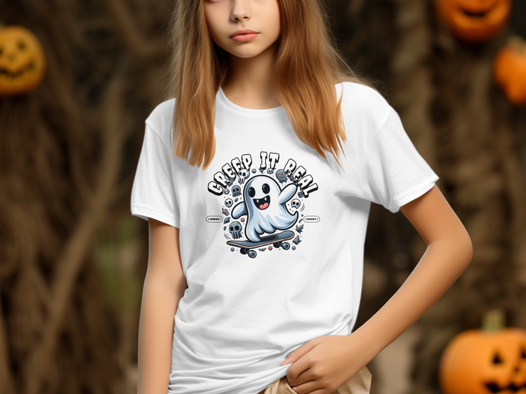 Funny Halloween T-Shirt, Creep It Real Ghost Skateboarding, Cute Ghost Graphic Tee, Halloween Ghost Shirt, Spooky Season Top, Urban Youth Short Sleeve T-Shirt