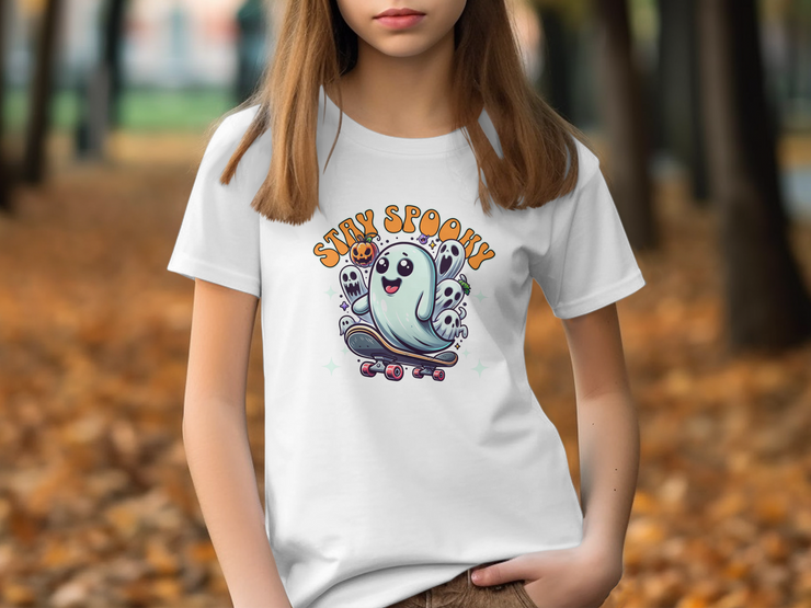 Stay Spooky Ghost Skateboard Halloween Youth T-Shirt, Cute Ghost with Pumpkin, Spooky Season Graphic Youth Tee, Fun Halloween Haunt Youth Short Sleeve T-Shirt