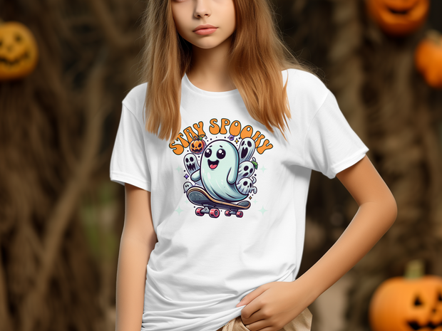 Stay Spooky Ghost Skateboard Halloween Youth T-Shirt, Cute Ghost with Pumpkin, Spooky Season Graphic Youth Tee, Fun Halloween Haunt Youth Short Sleeve T-Shirt