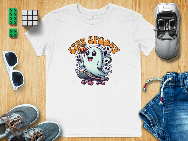 Stay Spooky Ghost Skateboard Halloween Youth T-Shirt, Cute Ghost with Pumpkin, Spooky Season Graphic Youth Tee, Fun Halloween Haunt Youth Short Sleeve T-Shirt