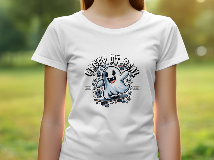 Funny Halloween T-Shirt, Creep It Real Ghost Skateboarding, Cute Ghost Graphic Tee, Halloween Ghost Shirt, Spooky Season Top, Urban Youth Short Sleeve T-Shirt