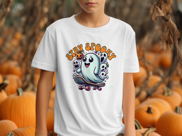 Stay Spooky Ghost Skateboard Halloween Youth T-Shirt, Cute Ghost with Pumpkin, Spooky Season Graphic Youth Tee, Fun Halloween Haunt Youth Short Sleeve T-Shirt