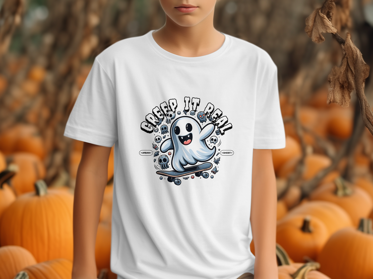 Funny Halloween T-Shirt, Creep It Real Ghost Skateboarding, Cute Ghost Graphic Tee, Halloween Ghost Shirt, Spooky Season Top, Urban Youth Short Sleeve T-Shirt