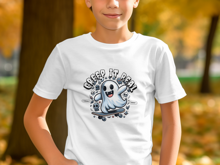 Funny Halloween T-Shirt, Creep It Real Ghost Skateboarding, Cute Ghost Graphic Tee, Halloween Ghost Shirt, Spooky Season Top, Urban Youth Short Sleeve T-Shirt