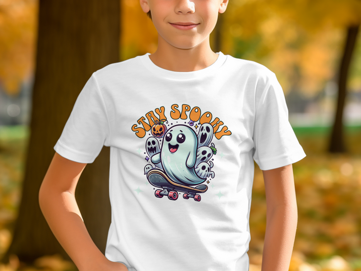 Stay Spooky Ghost Skateboard Halloween Youth T-Shirt, Cute Ghost with Pumpkin, Spooky Season Graphic Youth Tee, Fun Halloween Haunt Youth Short Sleeve T-Shirt