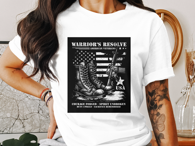 Warrior's Resolve American Veterans T-Shirt, Patriotic Military Design, Courage Forged Spirit Unbroken, USA Pride Graphic Tee