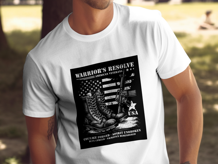 Warrior's Resolve American Veterans T-Shirt, Patriotic Military Design, Courage Forged Spirit Unbroken, USA Pride Graphic Tee