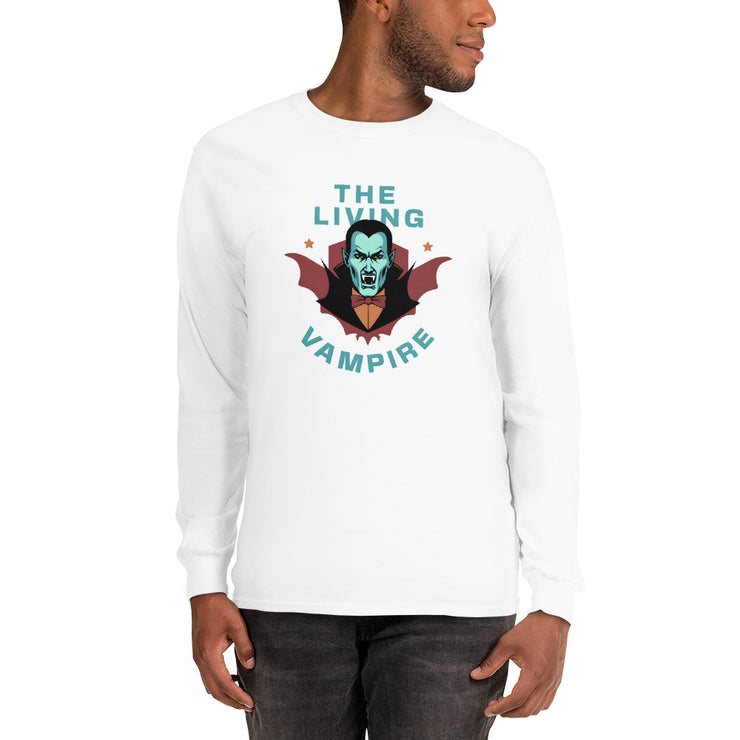 The Living Vampire Long Sleeve, Cool Vampire Graphic Long Sleeve, Halloween Vampire Shirt, Funny Vampire Artwork, Vampire Bat Themed Long Sleeve