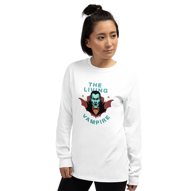 The Living Vampire Long Sleeve, Cool Vampire Graphic Long Sleeve, Halloween Vampire Shirt, Funny Vampire Artwork, Vampire Bat Themed Long Sleeve