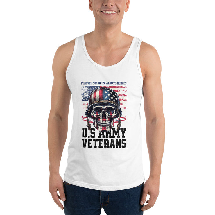 Vintage US Army Veterans Skull Helmet T-Shirt, Patriotic Military Tribute Tee, American Flag Skull Graphic, Veteran Pride Men's Tank Top