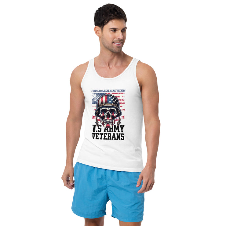 Vintage US Army Veterans Skull Helmet T-Shirt, Patriotic Military Tribute Tee, American Flag Skull Graphic, Veteran Pride Men's Tank Top