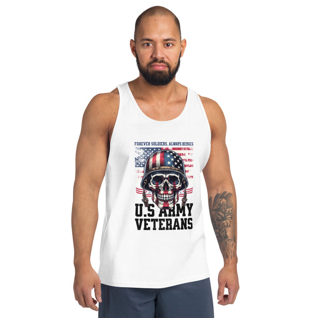 Vintage US Army Veterans Skull Helmet T-Shirt, Patriotic Military Tribute Tee, American Flag Skull Graphic, Veteran Pride Men's Tank Top