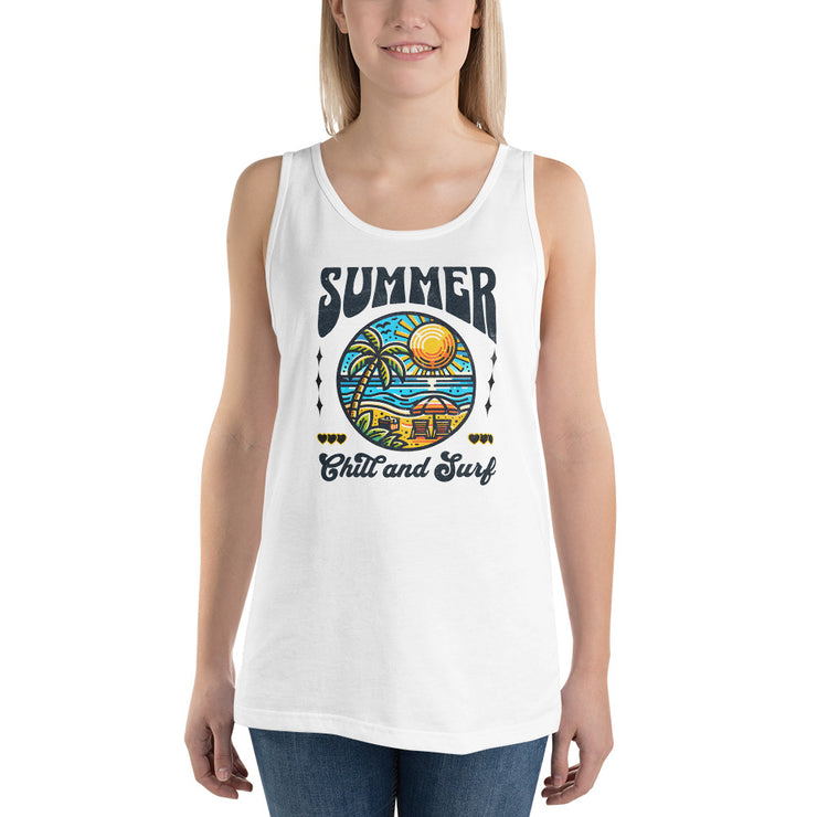 Summer Chill and Surf T-Shirt, Retro Beach Design Tee, Vacation Vibes Shirt, Vintage Summer Graphic Tee, Beach Lover Gift, Surfing Tank Top