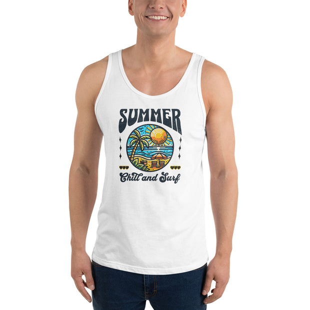 Summer Chill and Surf T-Shirt, Retro Beach Design Tee, Vacation Vibes Shirt, Vintage Summer Graphic Tee, Beach Lover Gift, Surfing Tank Top