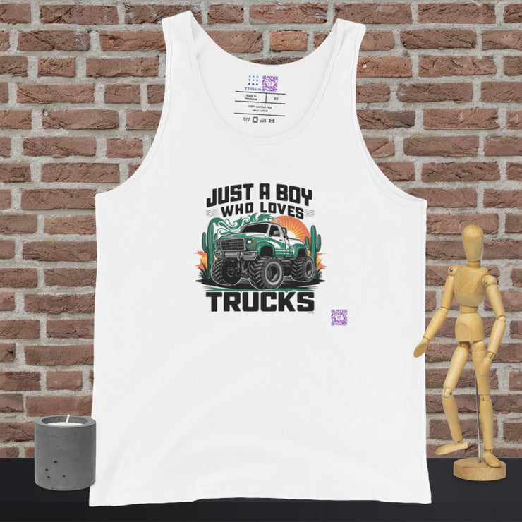 Just A Boy Who Loves Trucks T-Shirt, Monster Truck Graphic Tee, Boys Truck Lover Shirt, Off-Road Adventure T-Shirt, Kids Truck Men's Tank Top