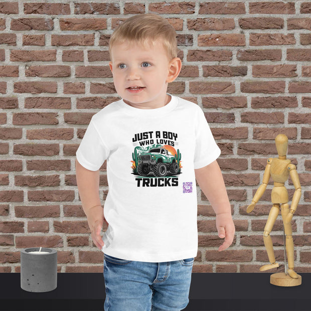Just A Boy Who Loves Trucks T-Shirt, Cool Truck Graphic Tee, Boy's Monster Truck Shirt, Cactus Sunset Truck Design, Fun Truck Lover Toddler Short Sleeve Tee