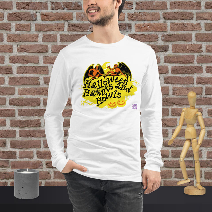 Halloween Haunts and Howls Graphic Long Sleeve Tee, Vintage Halloween Long Sleeve Shirt, Spooky Season Shirt, Scary Night Outfits Long Sleeve Tee