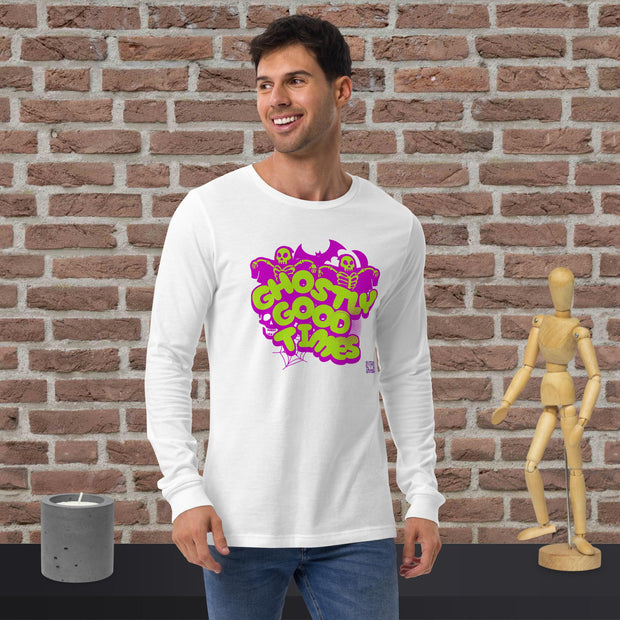 Ghostly Good Times Long Sleeve Shirt, Fun Halloween Shirt, Skeleton Graphic Tee, Spooky Season Top, Bright Neon Design Shirt, Halloween Party Long Sleeve Tee