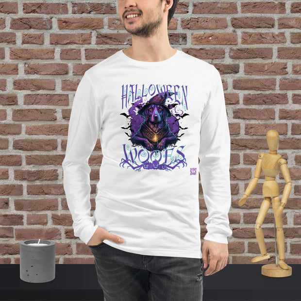 Halloween Dog Long Sleeve, Halloween Woofs Graphic Long Sleeve, Spooky Dog Lover Shirt, Witch Dog Design Shirt, Funny Halloween Dog Unisex Long Sleeve Tee