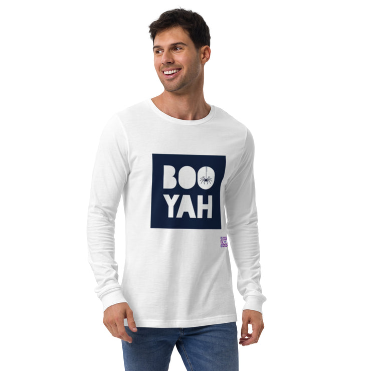 Halloween Booyah Long Sleeve Tee, Trendy Spider Graphic Shirt, Fun Halloween Top, Casual Halloween T-Shirt, Halloween Party Outfit