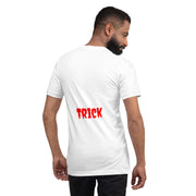 Halloween T-Shirt, Spooky 'TREAT' or 'TRICK' Design, Red Text, Vertical Halloween Tee, Holiday Shirt, Unisex Halloween Apparel