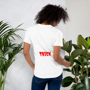 Halloween T-Shirt, Spooky 'TREAT' or 'TRICK' Design, Red Text, Vertical Halloween Tee, Holiday Shirt, Unisex Halloween Apparel