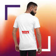 Halloween T-Shirt, Spooky 'TREAT' or 'TRICK' Design, Red Text, Vertical Halloween Tee, Holiday Shirt, Unisex Halloween Apparel