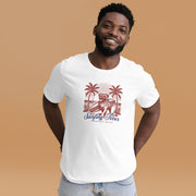 Surfing Fever Pug T-Shirt, Paradise Island Surf Club Tee, Cute Dog Surfing Graphic, Summer Beachwear, Ocean Waves, Palm Trees