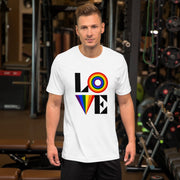 Stylish LOVE Rainbow Graphic T-Shirt, Bold Colorful Pride Design Tee, Comfortable Casual Top, Trendy LGBTQ+ Support Shirt