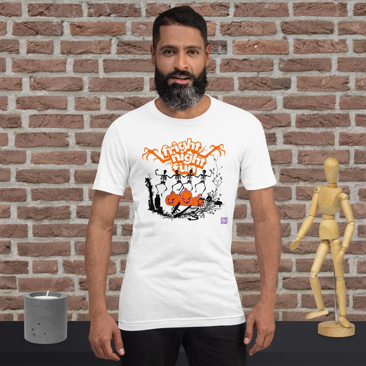 Fright Night Fun T-Shirt, Halloween Skeletons Dancing Tee, Spooky Pumpkin Shirt, Fun Halloween Party T-Shirt, Unique Halloween Tee