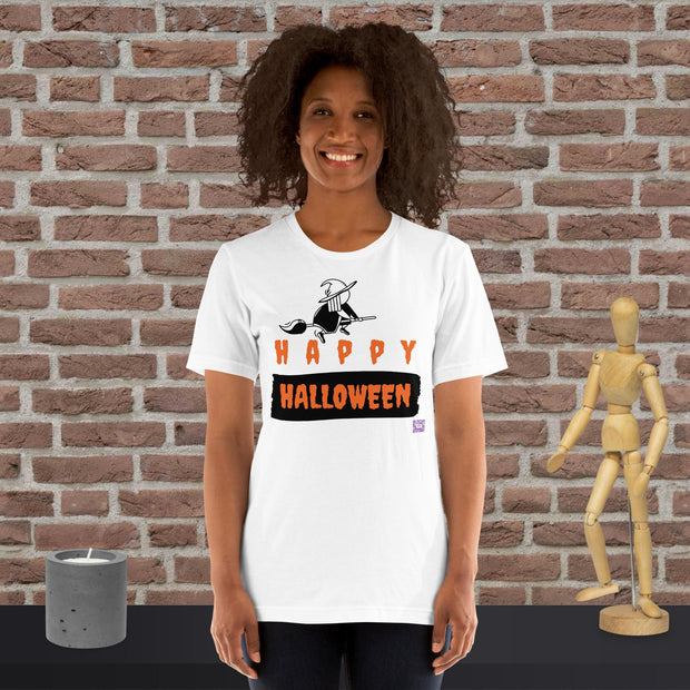 Happy Halloween Unisex t-shirt, Halloween Witch on broom T-Shirt, Traditional witch flying on broom "Happy Halloween" Tee