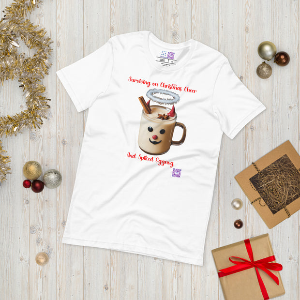 Surviving on Christmas Cheer and Spiked Eggnog Funny Holiday T-Shirt, Christmas Spirit Tee, Unique Christmas Present, Festive Shirt