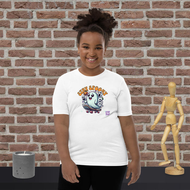 Stay Spooky Ghost Skateboard Halloween Youth T-Shirt, Cute Ghost with Pumpkin, Spooky Season Graphic Youth Tee, Fun Halloween Haunt Youth Short Sleeve T-Shirt